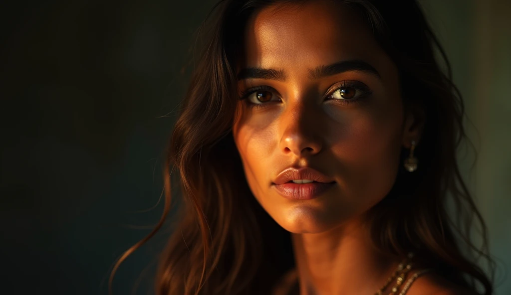 a beautiful mysterious Indian happy woman, intricate detailed face, piercing eyes, long eyelashes, delicate skin, natural beauty, flowing hair, candid elegant pose, dramatic lighting, cinematic mood, vibrant color palette, chiaroscuro lighting, high quality, photorealistic, 8k, intricate details, professional rendering