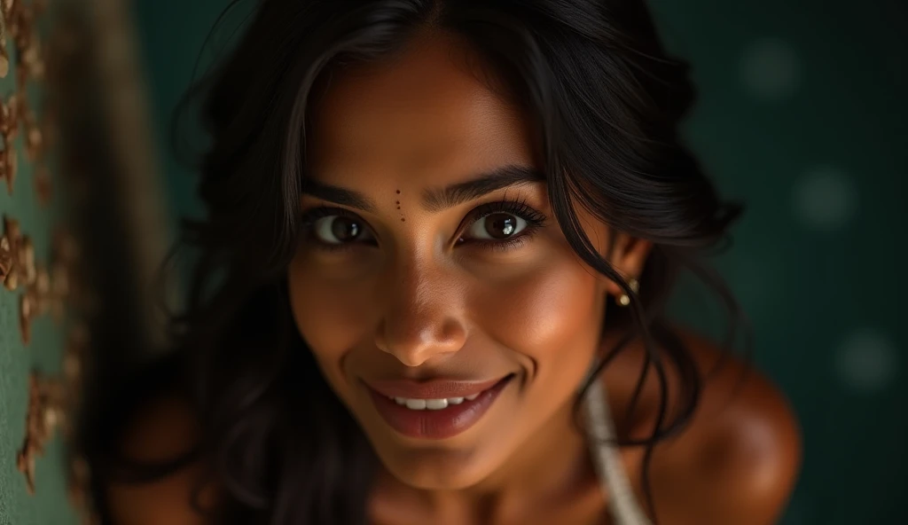 a beautiful mysterious Indian happy woman, intricate detailed face, piercing eyes, long eyelashes, delicate skin, natural beauty, flowing hair, candid elegant pose, dramatic lighting, cinematic mood, vibrant color palette, chiaroscuro lighting, high quality, photorealistic, 8k, intricate details, professional rendering