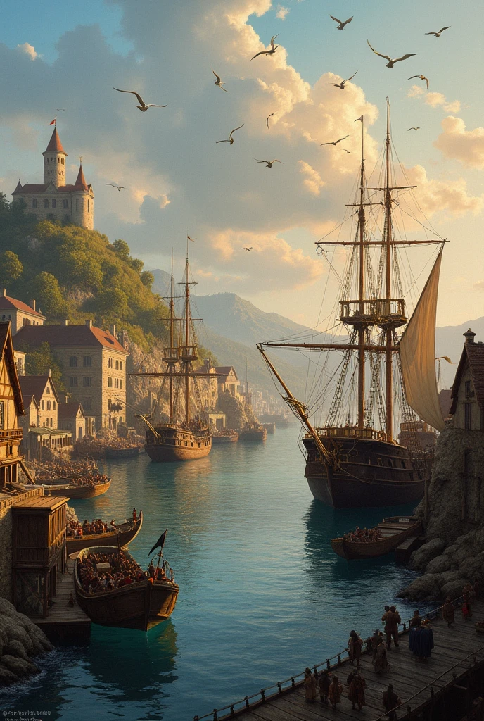 Port full of vessels arriving with cargo, with a late afternoon sky full of birds, in a medieval time, in an oil painting style, under view of a small hill.