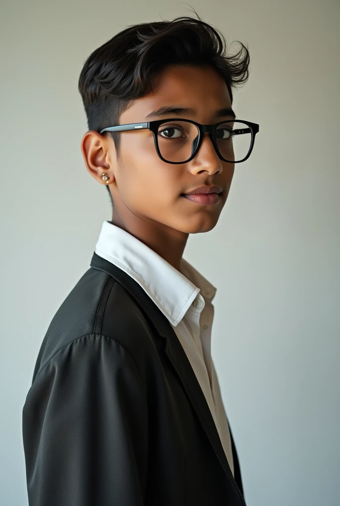 1 Indian boy with fair skin wearing spectacles and narrow body posing for model shoot
