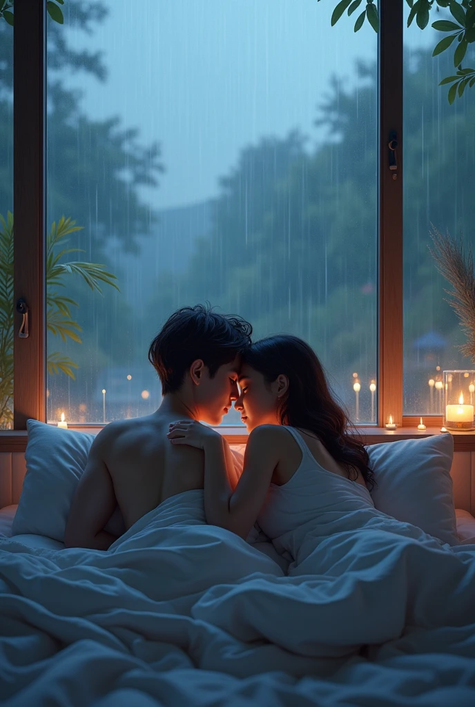 Couple on bed while it rains and droplets on the window comfy cozy low lighting blue and warm