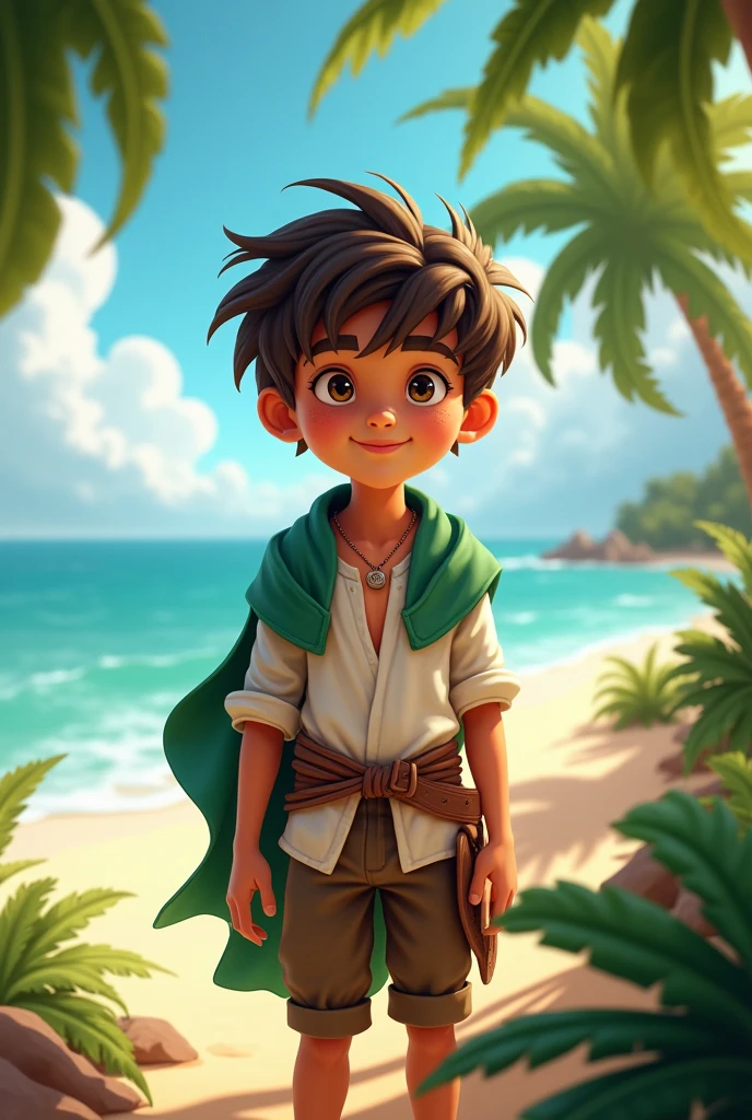 young hispanic adventurer boy, brown messy hair, white medieval shirt, green shawl, playful face, brown eyes, and in a tropical beach.