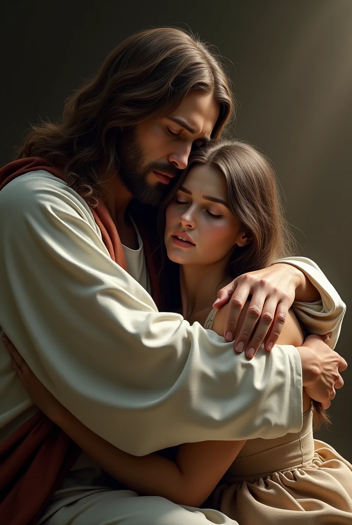 (photorealism:1.2), Jesus hugging a crying lady