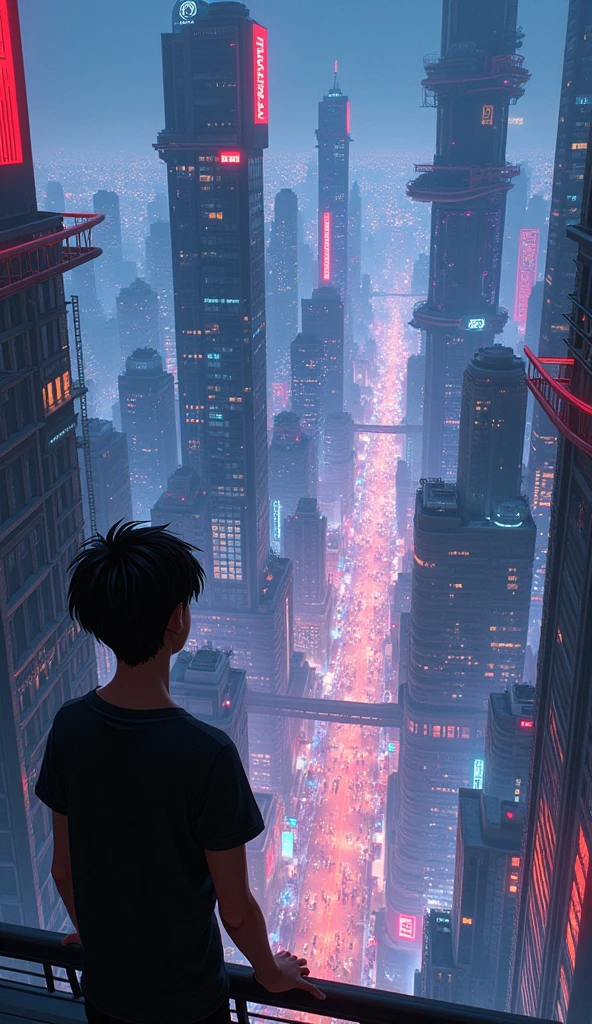 anime cyberpunk theme teenage boy looking at the city from a balcony of a tallest among all the skyscrapers overlooking a city(wide angle view)(glowing effect)(straight angle view from back), makoto shinkai cyril rolando, makoto shinkai. —h 2160, style of afrofuturism aerial view,, ( ( makoto shinkai ) ), makoto shinkai. digital render, makoto shinkai!, beautiful anime scene A cyberpunk city street scene with full of neon lights, and futuristic buildings,The atmosphere is vibrant and bustling with people in high-tech attire, high resolution, captured in crisp detail, The background features a neon-lit cityscape, giving the cyberpunk atmosphere a touch of intimacy and tenderness, eye-level camera angle --s 250 --v 6.0 --no 3D effect, photorealistic.Hawaii, gta vice style , illustration , reteo comic illustration