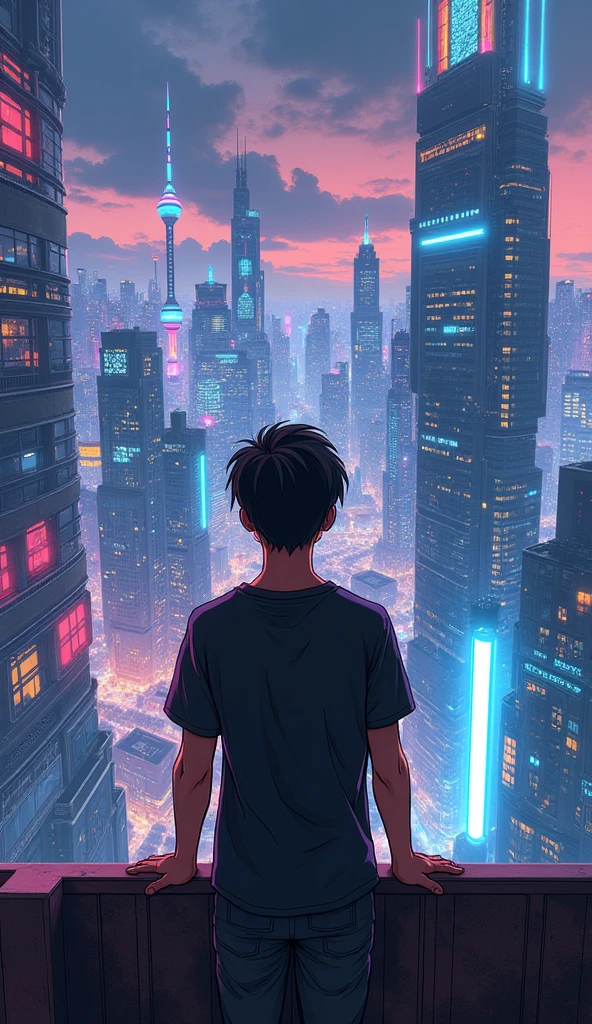 anime cyberpunk theme age boy looking at the city from a balcony of a tallest among all the skyscrapers overlooking a city(wide angle view)(glowing effect)(straight angle view from back), makoto shinkai cyril rolando, makoto shinkai. —h 2160, style of afrofuturism aerial view,, ( ( makoto shinkai ) ), makoto shinkai. digital render, makoto shinkai!, beautiful anime scene A cyberpunk city street scene with full of neon lights, and futuristic buildings,The atmosphere is vibrant and bustling with people in high-tech attire, high resolution, captured in crisp detail, The background features a neon-lit cityscape, giving the cyberpunk atmosphere a touch of intimacy and tenderness, eye-level camera angle --s 250 --v 6.0 --no 3D effect, photorealistic.Hawaii, gta vice style , illustration , reteo comic illustration