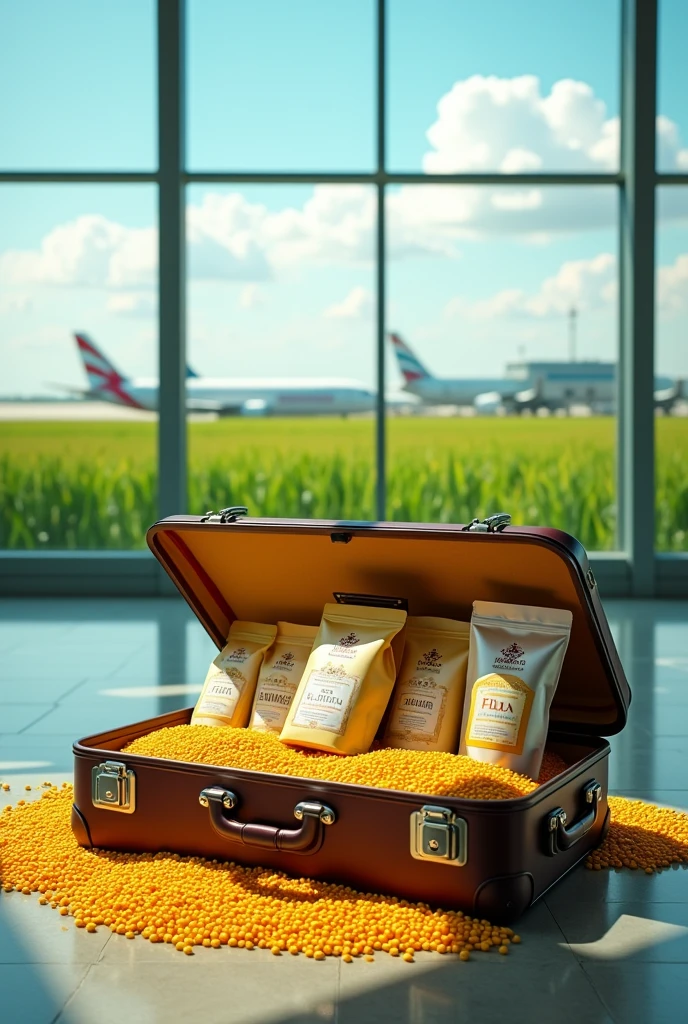 Create a creative and disruptive image to promote gluten-free corn flours, The billboard will be placed in an airport terminal to welcome travelers to their destination., The image must contain an open suitcase containing corn and displaying the flour packaging., You can see through the glass of the terminal parked planes and a green cornfield that covers the entire background of the image