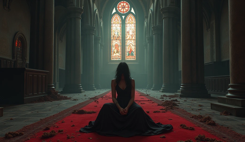 A captivating high-quality illustration of a androgin person relaxing on a red diván in an abandoned, dimly lit cathedral. is wearing a tattered, yet elegant dress, with her hands folded in her lap. The cathedral's walls are adorned with intricate carvings and dark colors. A warm, ethereal glow emanates from the stained glass windows, casting vibrant hues across the room. The atmosphere is both eerie and enchanting, creating a sense of dark fantasy and mystery., illustration, dark fantasy, cinematic, 3d render, painting