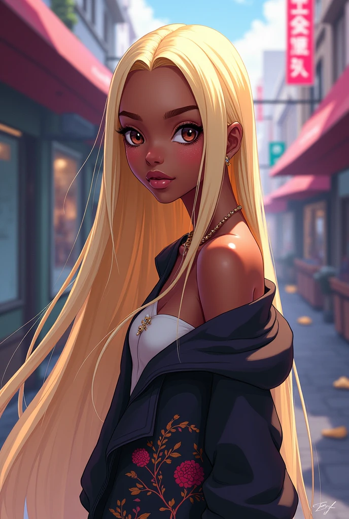 Black girl with straight blonde hair without bangs, アニメ
