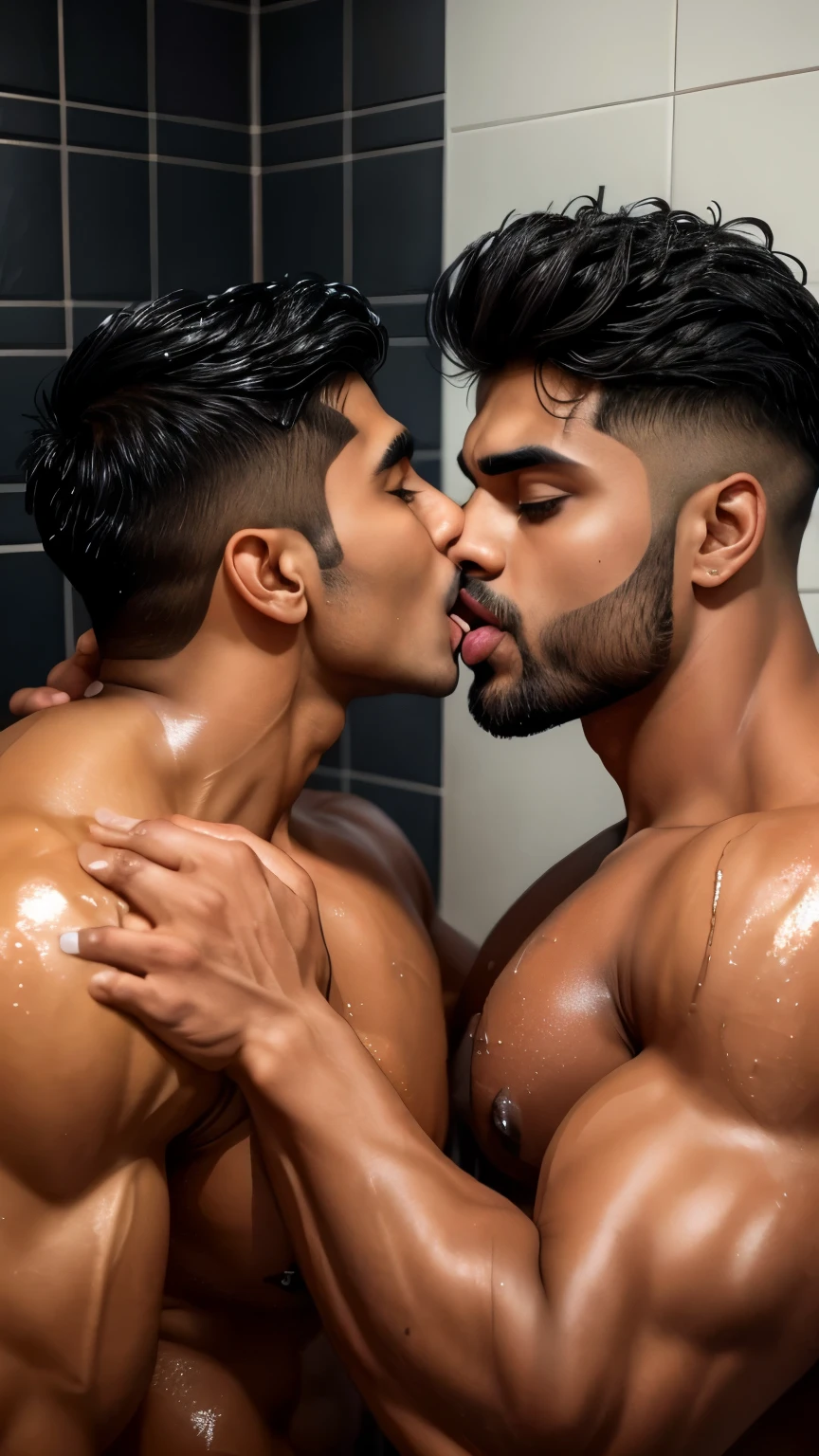 Pehlwan man Indian Gurjar gay couple wetty mouth to mouth tounge to tounge kissing and sucking lower lip, bitting lower lip during kissing saliva dripping from mouth with big shinning eyes big lips wide jawline beautiful hunk face spiky black hairstyle, seductive kissing in bathroom during water running from shower 