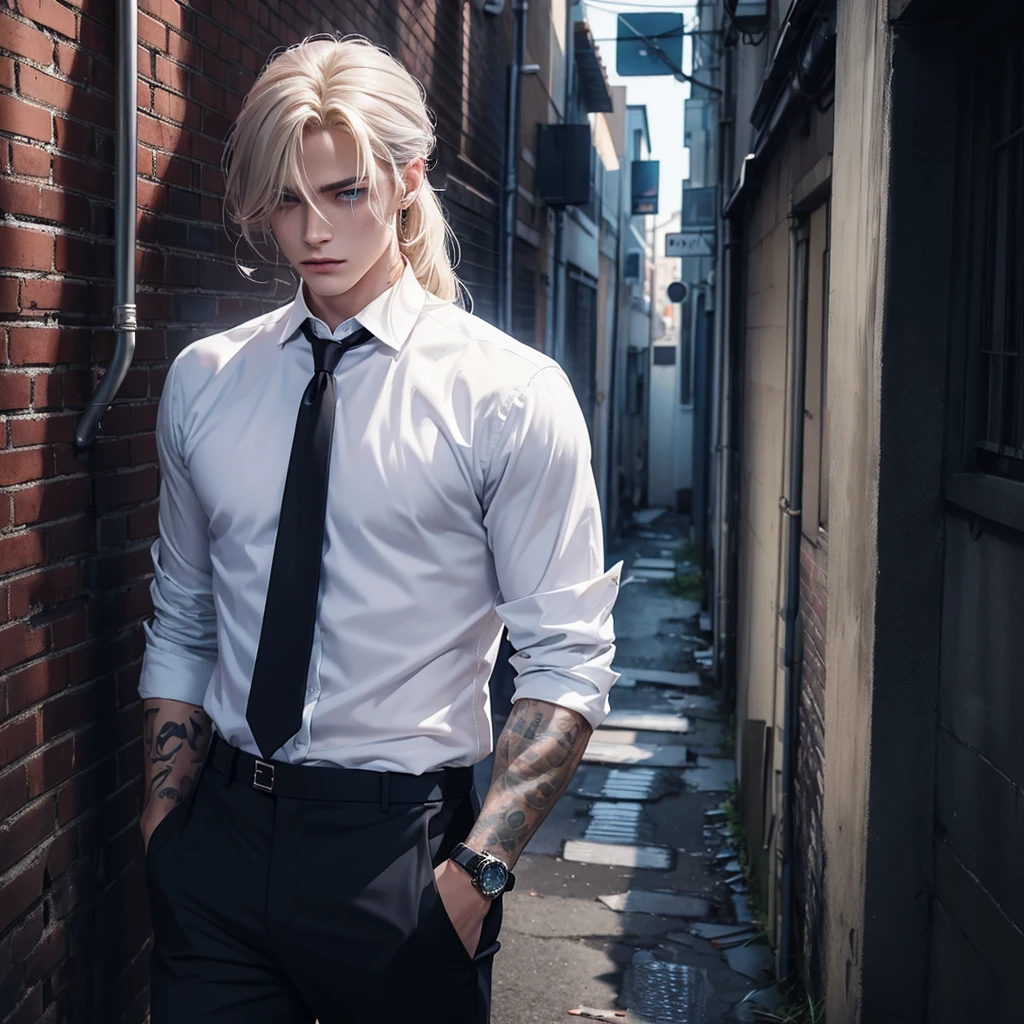 -Create 1 boy -He wears a formal white shirt -Formal black pants -He has tattoos on his arms -He wears a watch on his left hand -He has medium-long hair, that fall disheveled waves -Has broad shoulders -Has a slim body -Has a muscular body -Silver blonde hair -His skin tone is pale -Bright blue eyes -His personality should convey sadness and loneliness -Penetrating gaze -Attractive face -Slim, marked jaw -With a background of a dark abandoned alley