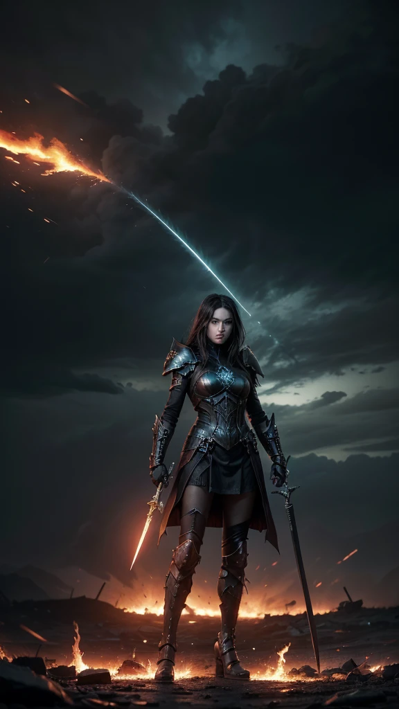 Create an image for an Instagram Story inspired by the song 'The World is Yours' by Arch Enemy. The scene should depict a powerful, armored female warrior standing victorious on a battlefield, surrounded by flames and a dark, stormy sky. Her expression is fierce and determined, with a sword raised high in one hand. The background features a war-torn landscape, with hints of futuristic elements like mechanical ruins and glowing, otherworldly symbols. The overall style should be dark and intense, blending elements of gothic and metal aesthetics.