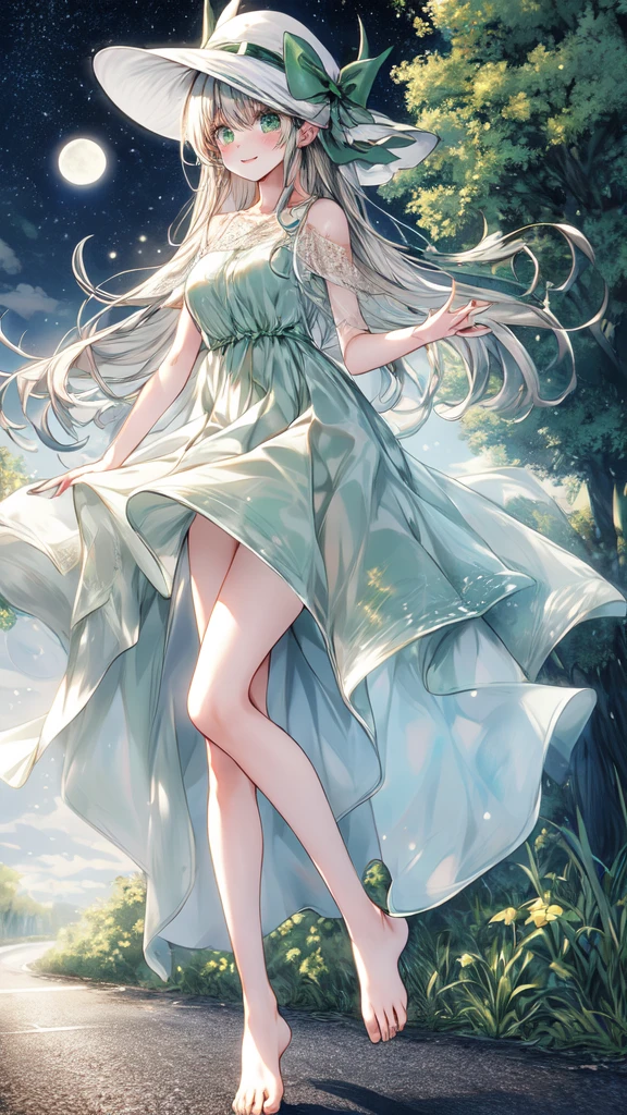 ultra quality, Women's, adult, ((HD quality)), full height, green eyes stand, Road, there are trees around,
road sign, night, full moon white dress, hat, bare feet