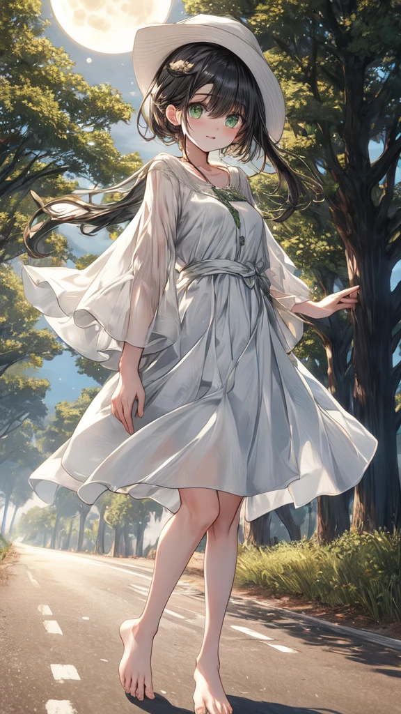 ultra quality, Women's, adult, ((HD quality)), full height, green eyes stand, Road, there are trees around,
road sign, night, full moon white dress, hat, bare feet