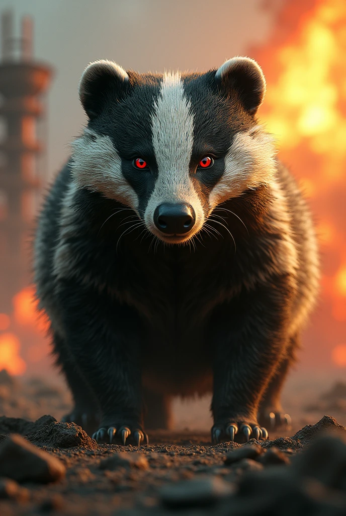 Last stand feral badger green black fur red eyes. Fire in background, focus on european badger, friendly badger, bunker in background