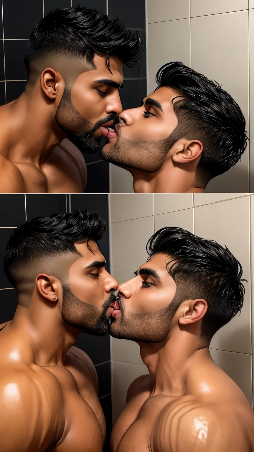 Pehlwan man Indian Gurjar gay couple wetty mouth to mouth tounge to tounge kissing and sucking lower lip, bitting lower lip during kissing saliva dripping from mouth with big shinning eyes big lips wide jawline beautiful hunk face spiky black hairstyle, seductive kissing in bathroom during water running from shower