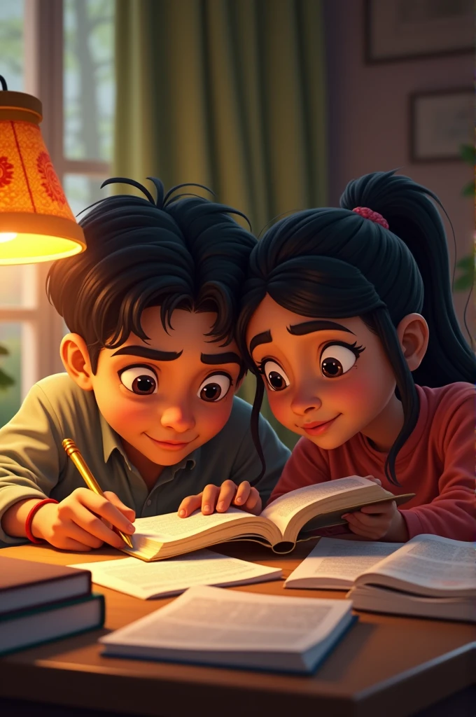 Image Description: Rajoo studying at a table with सीमा helping him. Books are spread out, and a lamp illuminates their faces, showing determination and focus.