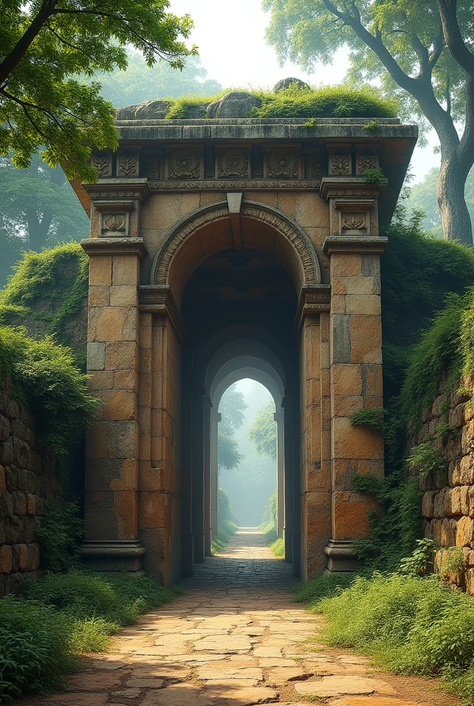 Detailed shot of an ancient gateway at Mahasthangarh, highlighting the historical architecture and weathered stonework, with a serene backdrop of greenery."