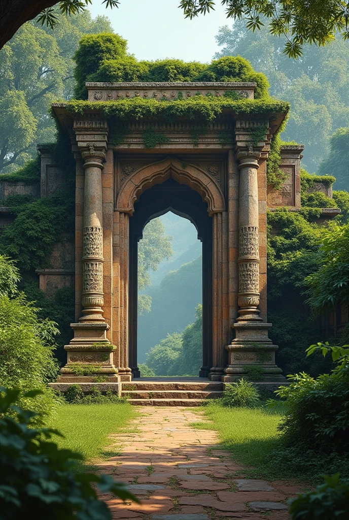 Detailed shot of an ancient gateway at Mahasthangarh, highlighting the historical architecture and weathered stonework, with a serene backdrop of greenery."