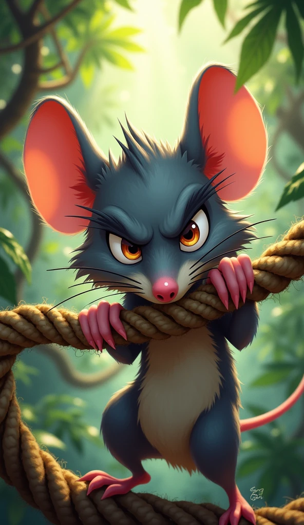Show a mouse closeup chewing ropes seriously.
The background is jungle and mouse is gray.
Show as cartoons 