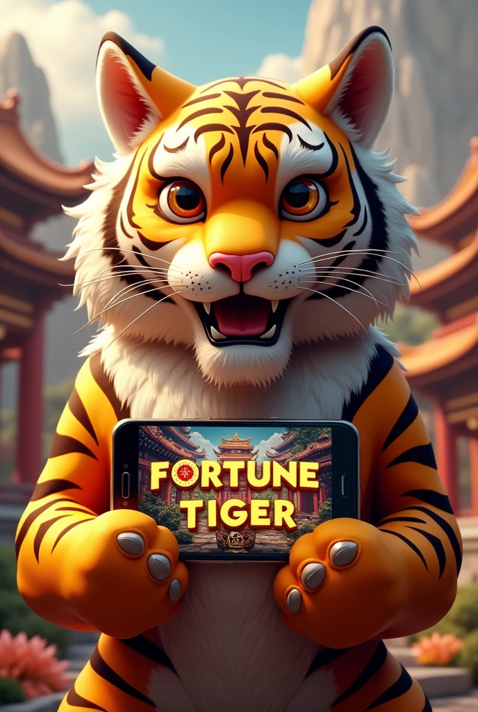 Fortune tiger slot game character holding a phone , mostrando a tela  