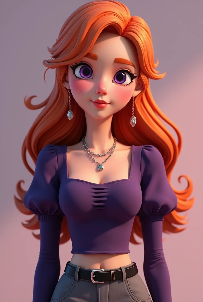 Vanessa is a very beautiful fifteen-year-old girl with snow-white skin, She has long, wavy, bright light orange hair that is usually styled half up with two strands falling down her beautiful face.,She has almond-shaped eyes, a light lilac purple color., her face is heart-shaped and she has a small nose and salmon pink lips, She wears a dark purple tight-fitting long-sleeved shirt with puffed arms and a square cut at the top of the chest but without being low-cut, in addition to wearing three necklaces., He is wearing smart grey trousers with a thin black leather belt and black ankle boots..((3D style)) ((Style Miraculous ladybug)).
