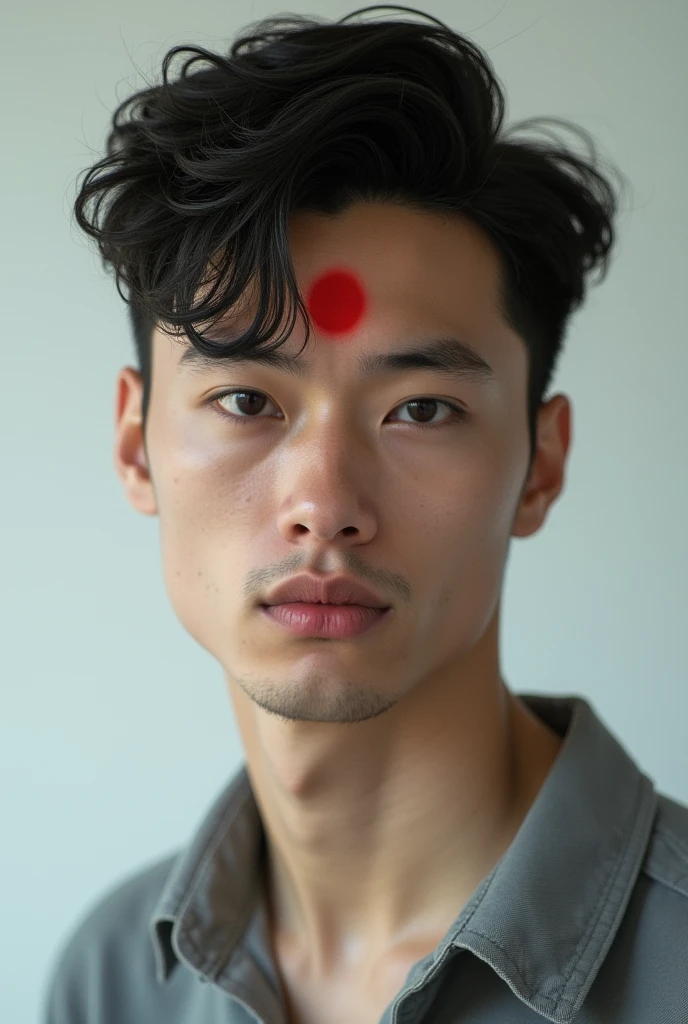 The image shows a young man with a red dot on his forehead. He has a light skin tone and is looking at the camera.