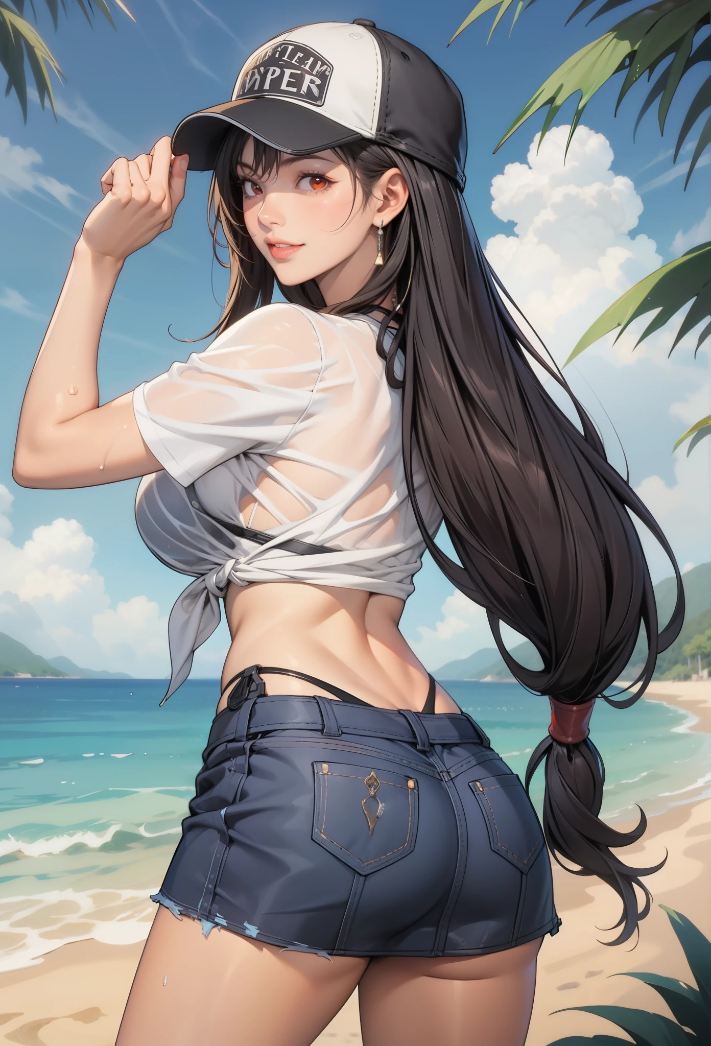 perfect eyes:1.2, detailed eyes:1.4, smile, lifeTifa, red eyes, low-tied long hair, baseball cap, earrings, see-through, wet t-shirt, black bikini, front-tie top, midriff, grey skirt, cowboy shot, 1girl, solo, (masterpiece:1.6, best quality), 8k, insane details, intricate details, hyperdetailed, hyper quality, high detail, ultra detailed, professional, HDR, ray tracing reflection, cinematic lighting,
