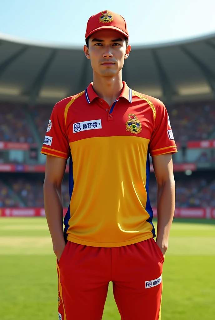 Saffron and red colour cricket jersy 
