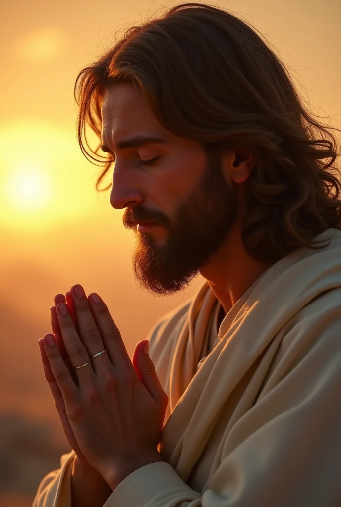 "A close-up shot of Jesus with a serene expression, eyes gently closed in prayer, hands clasped together, against a backdrop of a serene sunrise sky. Soft golden light highlights His features and flowing robes, during the magic hour, shot with a Canon EOS R5, 50mm f/1.2 lens, warm color palette with golden hues."