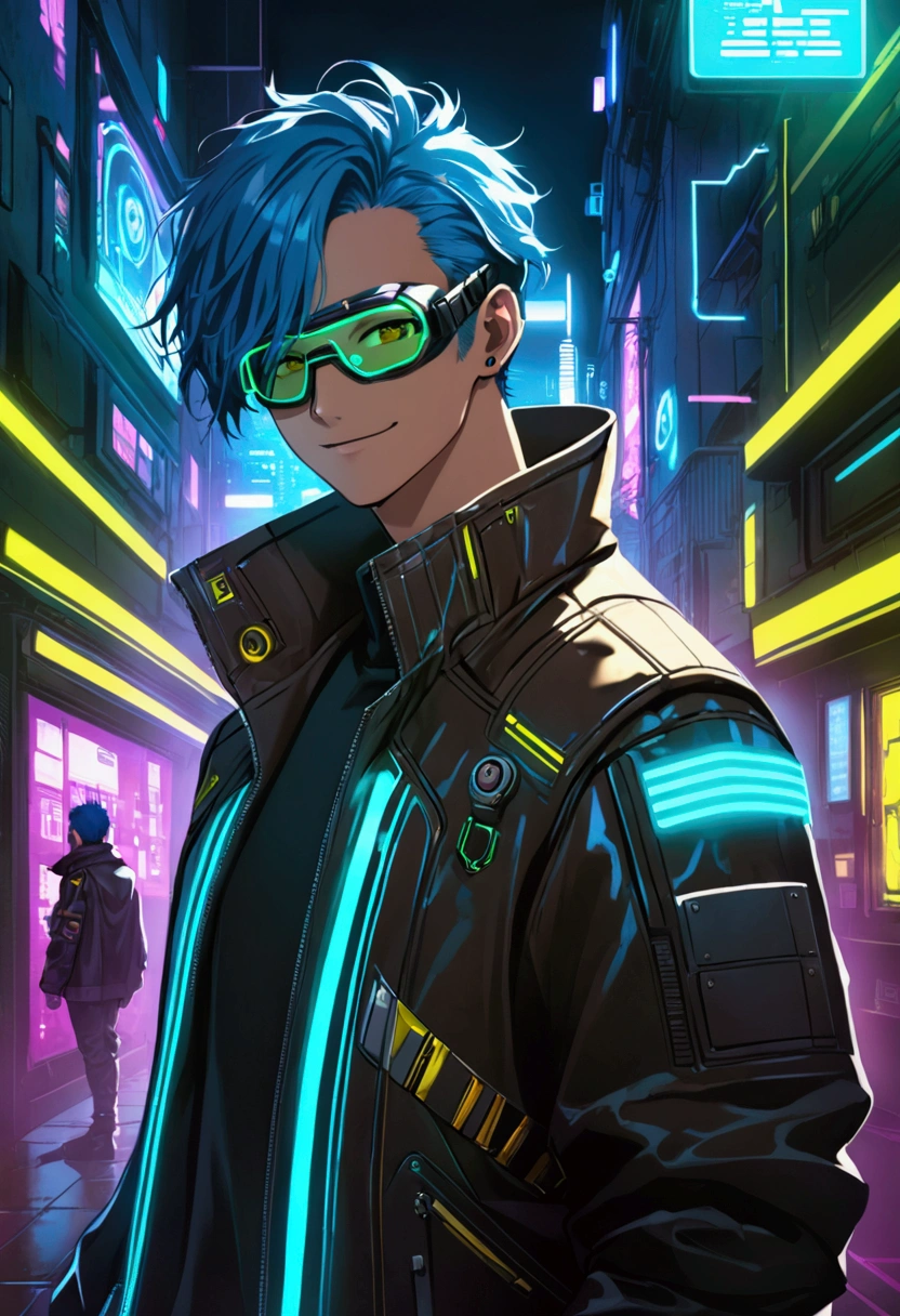 1boy, 2, smiling and blushing, brown eyes, blue hair, cyberpunk jacket with yellow and blue neon lighting, cyberpunk goggles illuminated green