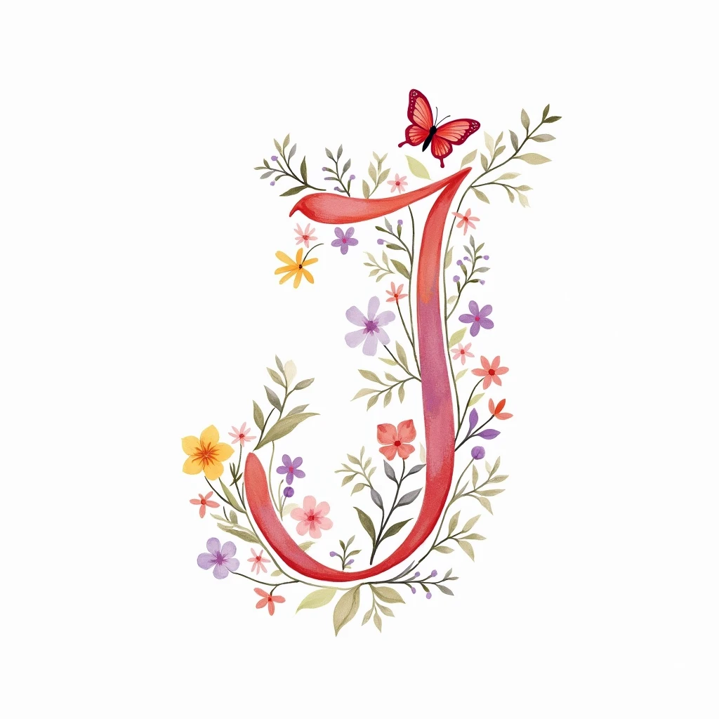 an image with a handwritten letter "J", intricate, with many twists, on a white background, that looks good and is subtly adorned with drawings of colorful flowers and butterflies around, the color palette to use is pale pink, lilac, soft yellow, pastel colors,