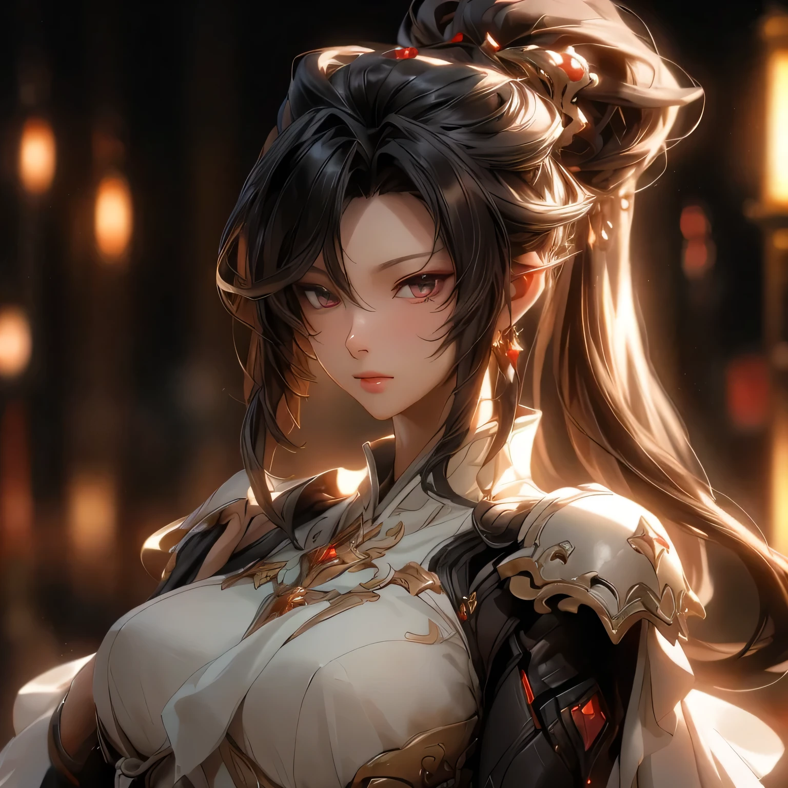 (best quality)), ((Masterpiece)), (details:1.4), 3d, HDR (high dynamic range), an image of a beautiful cyberpunk female, fantasy, Brown hair, High ponytail, Golden eyes, จมูกโด่ง, ปากแดง, หน้าอกใหญ่, nvidia RTX, PBR surface, After processing, Anisotropic filtration,depth of field, Maximum clarity and clarity, multi-layered surface, Subsurface scattering, perfect proportions, 8K raw files, ultra detailed, Perfect proportions, volumetric lighting, soft lighting, Holy Paladin, Heavy Red Armor, glossy skin, castle background, jewely, ต่างหู, นิ้วมือสมบูรณ์,