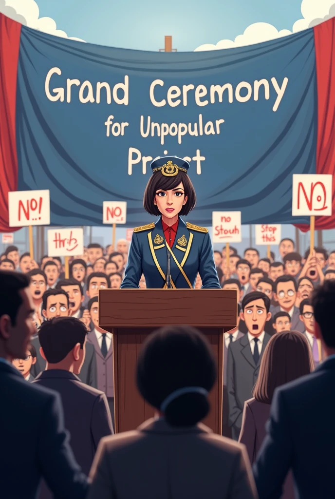 A female Minister of Transportation stands confidently at a podium, dressed in an official outfit with a ceremonial sash. Behind her, a large banner reads 'GRAND CEREMONY FOR UNPOPULAR PROJECT.' The crowd in front of her looks visibly upset, holding protest signs that say 'NO!' and 'Stop This!' The atmosphere is tense, with the Minister appearing oblivious to the public's discontent.