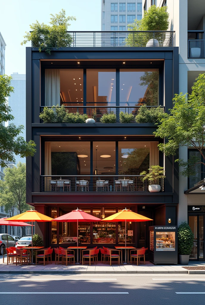 Modern restaurant in a busy city exterior no storey with umbrella's outside and food stand outside 

