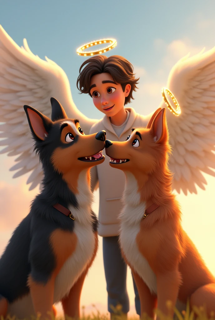 I need you to help me make an image with Pixar-style animation with the following content:
In the picture there should be 2 Swiss Shepherds and 1 Bernese Mountain Dog, I want the shepherds to have wings and a tiara of angels (They were my pets and they died), besides, I want you to put two people in the picture, a girl and a boy. The boy is dark-skinned, bearded and handsome., The girl is beautiful with white skin, light brown hair and very beautiful