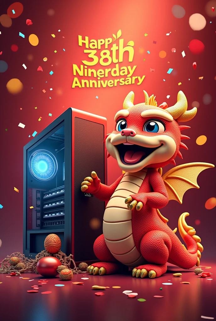 Create an anniversary card saying " happy 38 anniversary" featuring MSI Lucky dragon and MSI PC