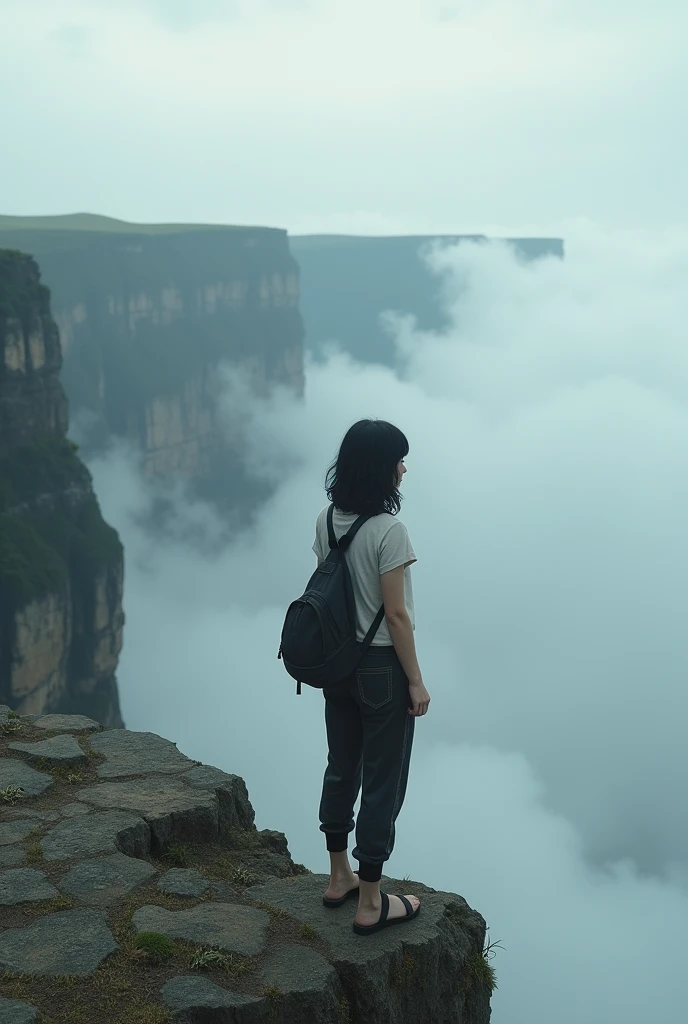 A five foot 4 inch 65 kg woman with wolf cut hair around shoulder length dress kinda tomboyish and very simple... Standing at the edge of a cliff looking out into depths and kinda cloudy, just contemplating life. Black hair.. Light brown skin.. Asian.... Viewed from the top far behind her to make it look more scenic. .. A full view of her back please... Why dont you understand. . She looks too thin for a 65kg woman