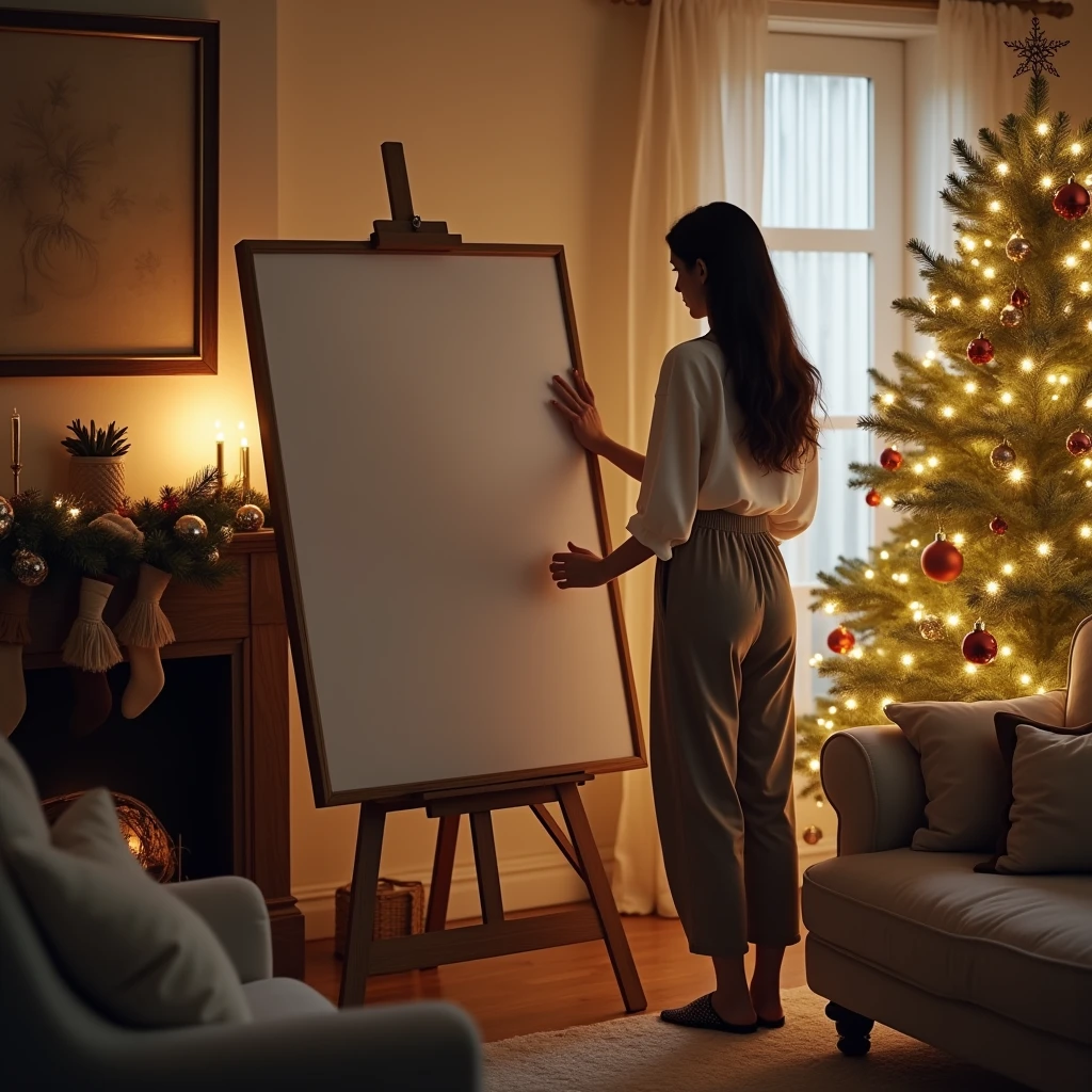 An ultra-realistic Christmas living room with soft ambient lighting, featuring a blank DIN A-sized white-framed canvas leaning against the wall on a wooden console. The room is decorated with festive details such as a Christmas tree adorned with lights, garlands, and ornaments. The canvas has subtle reflections of the holiday lights, and soft shadows fall on it, adding depth. A young woman stands beside the frame, her hand lightly touching the corner, with her back to the camera. The room exudes warmth and coziness, with every detail, from the texture of the fabric on the couch to the glow of the lights, captured in crisp realism