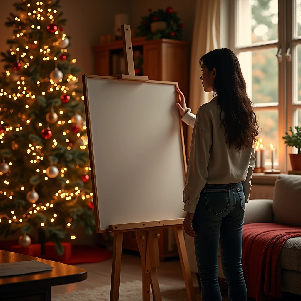 An ultra-realistic Christmas living room with soft ambient lighting, featuring a blank DIN A-sized white-framed canvas leaning against the wall on a wooden console. The room is decorated with festive details such as a Christmas tree adorned with lights, garlands, and ornaments. The canvas has subtle reflections of the holiday lights, and soft shadows fall on it, adding depth. A young woman stands beside the frame, her hand lightly touching the corner, with her back to the camera. The room exudes warmth and coziness, with every detail, from the texture of the fabric on the couch to the glow of the lights, captured in crisp realism