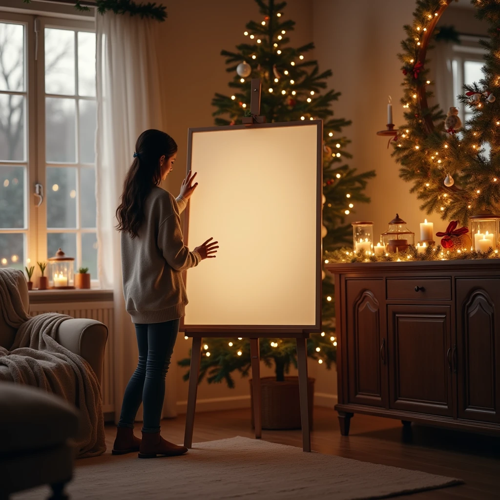 An ultra-realistic Christmas living room with soft ambient lighting, featuring a blank DIN A-sized white-framed canvas leaning against the wall on a wooden console. The room is decorated with festive details such as a Christmas tree adorned with lights, garlands, and ornaments. The canvas has subtle reflections of the holiday lights, and soft shadows fall on it, adding depth. A young woman stands beside the frame, her hand lightly touching the corner, with her back to the camera. The room exudes warmth and coziness, with every detail, from the texture of the fabric on the couch to the glow of the lights, captured in crisp realism