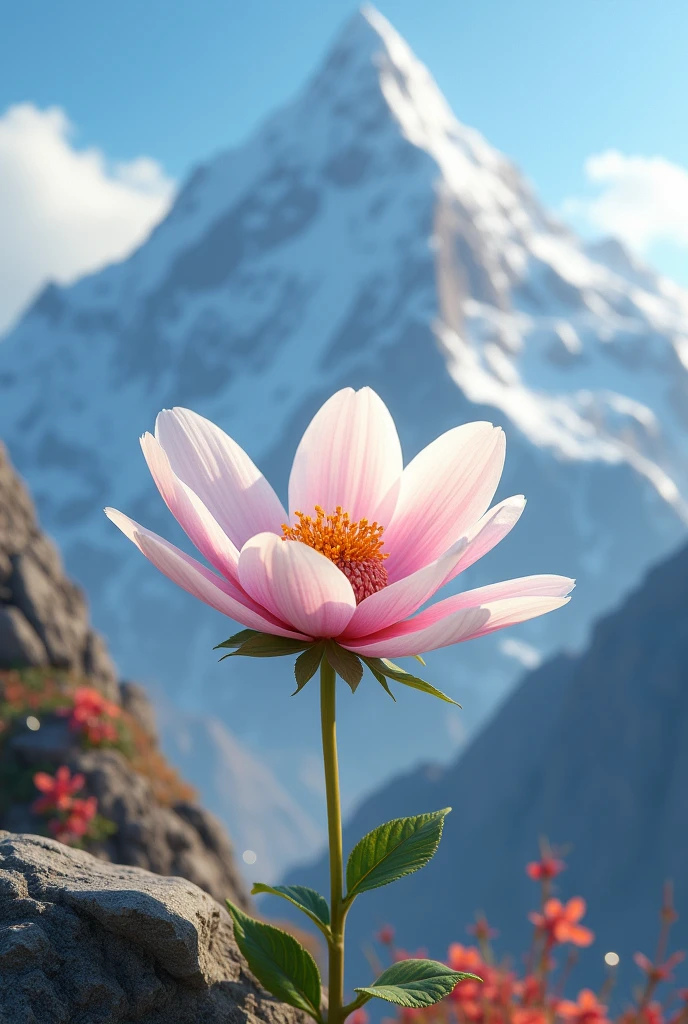 White flower with pink center and orange edges on a mountain
