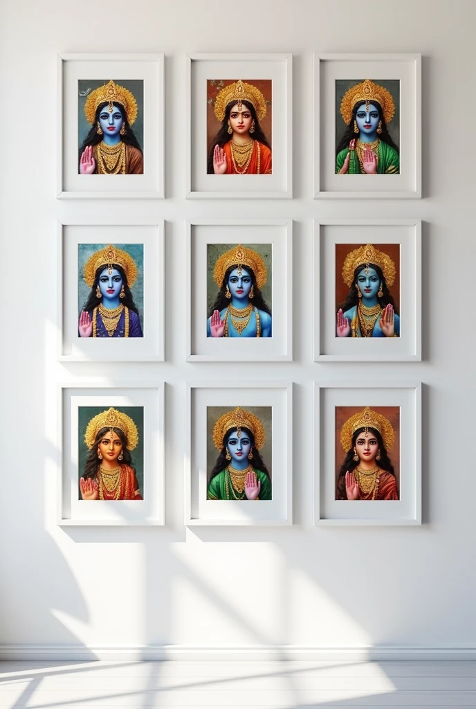 A bunch of krishna art in 9 white frames mounted on the white wall for branding