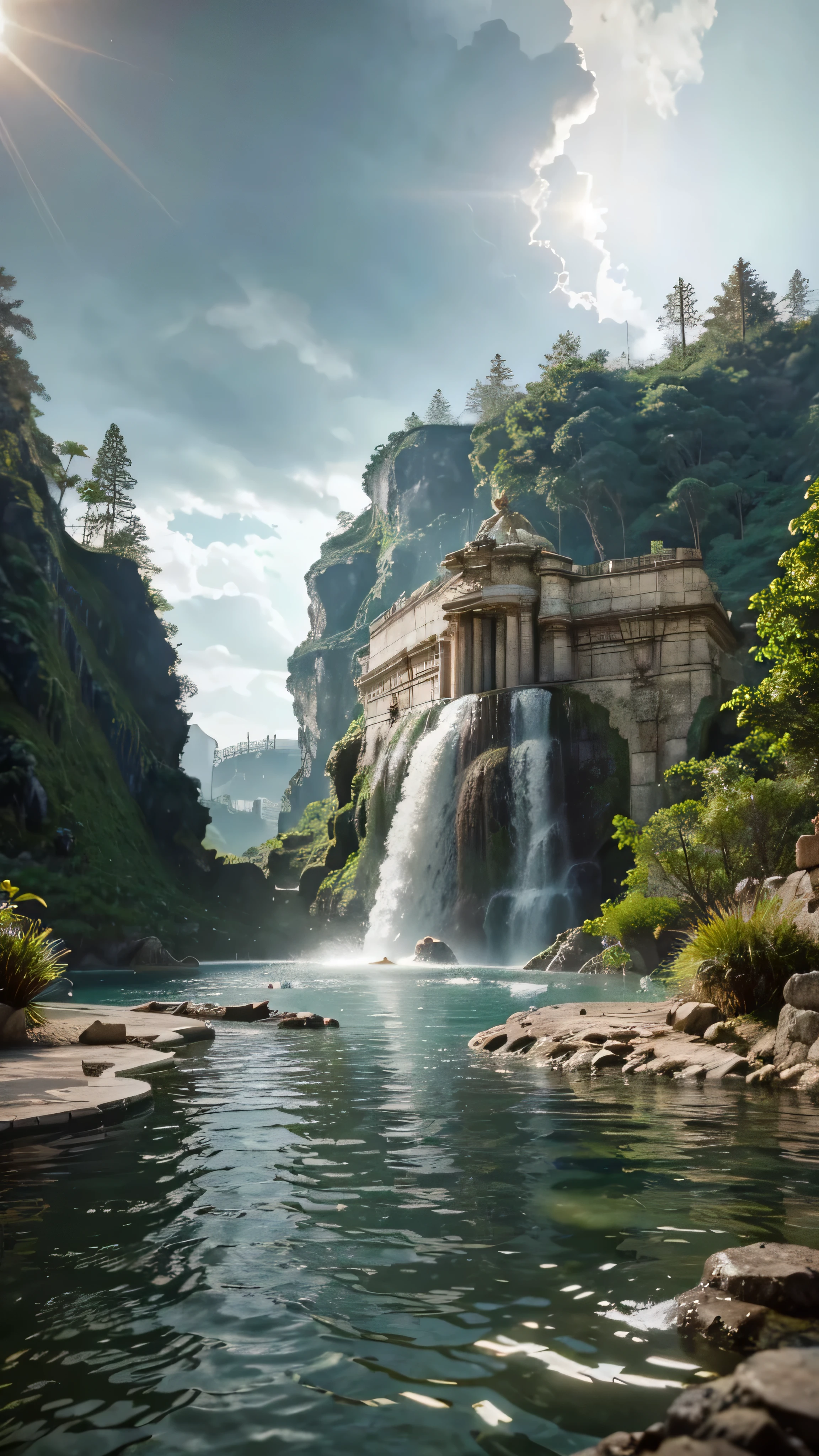 ((best quality)), ((masterpiece)), (detailed), perfect there is a pool with a waterfall in the middle of it, concept art inspired by Jens Ferdinand Willumsen, polycount contest winner, massurrealism, a pool inside the giant palace, unreal engine. retro film still, submerged temple ritual scene, water temple, brutalist waterfall environment, underwater temple, submerged temple scene, an eerie whirlpool with a water slide. Add rain effect. Add nostalgic filters and film grain. Hollywood style. 8k Render. Breathtaking, the mood is relaxed and inviting. Add solar flares. Add luxury touches to the image. Premium quality.