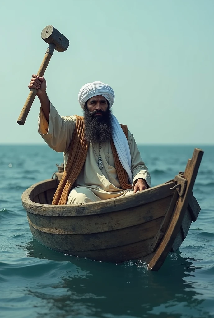 Stupid Taliban leader, big bearded, big white Afghan turban, Afghan dress, sitting in small old wooden boat, in Center of blue ocean, broke boat with sharp hammer , realistic details 
