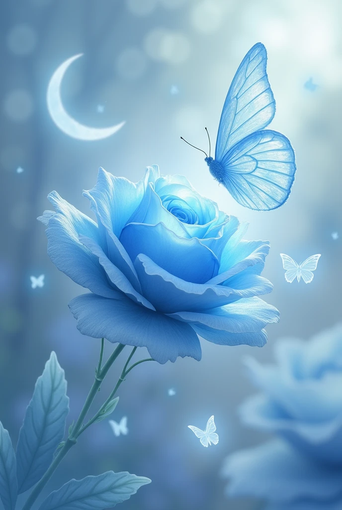  a scene featuring a delicate blu rose, surrounded by a transparent, ethereal butterfly and other translucent elements like crescent moons and small floating butterflies. The entire composition will have a surreal, crystalline look, with a soft, luminous glow and a light background.
