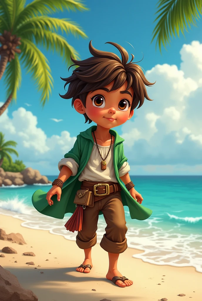 young hispanic adventurer teenager, brown messy hair, white medieval shirt, green shawl, playful face, brown eyes, and in a tropical beach.