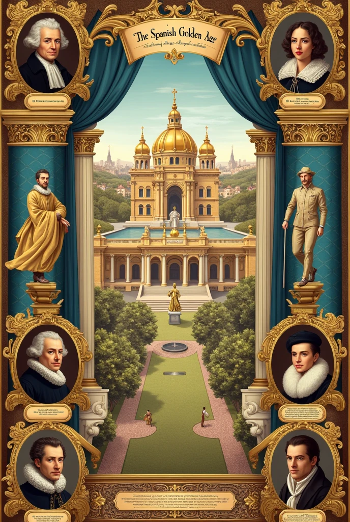 See the historical context of the SPANISH GOLDEN AGE. Create a poster showing the origin of that era., Its characteristics and the importance it had in Spanish Literature