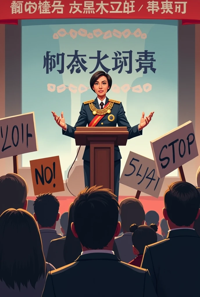 A female Minister of Transportation stands confidently at a podium, dressed in an official outfit with a ceremonial sash. Behind her, a large banner reads 'GRAND CEREMONY FOR UNPOPULAR PROJECT.' The crowd in front of her looks visibly upset, holding protest signs that say 'NO!' and 'Stop This!' The atmosphere is tense, with the Minister appearing oblivious to the public's discontent.