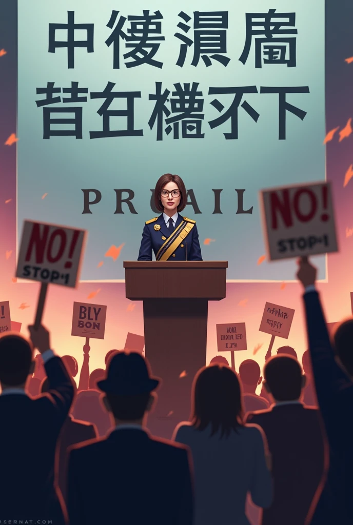 A female Minister of Transportation stands confidently at a podium, dressed in an official outfit with a ceremonial sash. Behind her, a large banner reads 'GRAND CEREMONY FOR UNPOPULAR PROJECT.' The crowd in front of her looks visibly upset, holding protest signs that say 'NO!' and 'Stop This!' The atmosphere is tense, with the Minister appearing oblivious to the public's discontent.