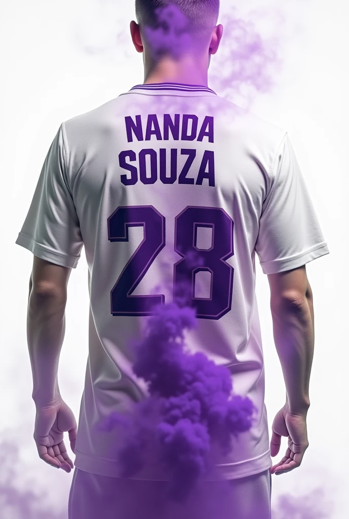 Back of the Shirt:
- Shirt color: White - Details: purple smoke, that can spread to the sides.
- Numbering: 28 Large.
- Name Nanda Souza: Above the numbering, put the name in a font that complements the design, also in purple.